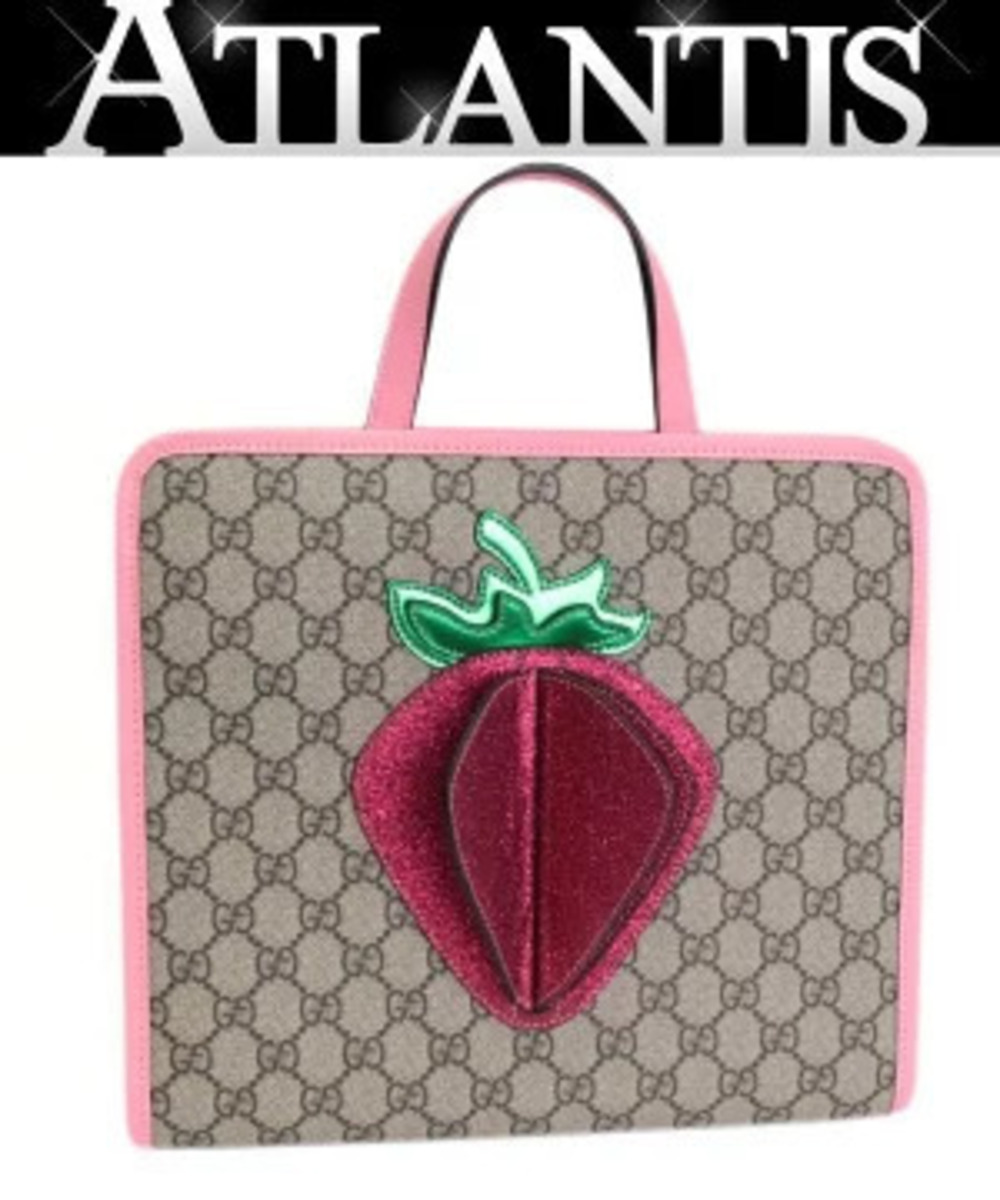 Gucci Strawberry Tote Bag GG Supreme x Leather Beige Cream Pink